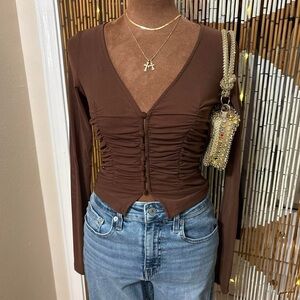 Princess Polly Sheer Brown Ruched Button Top • Size 4